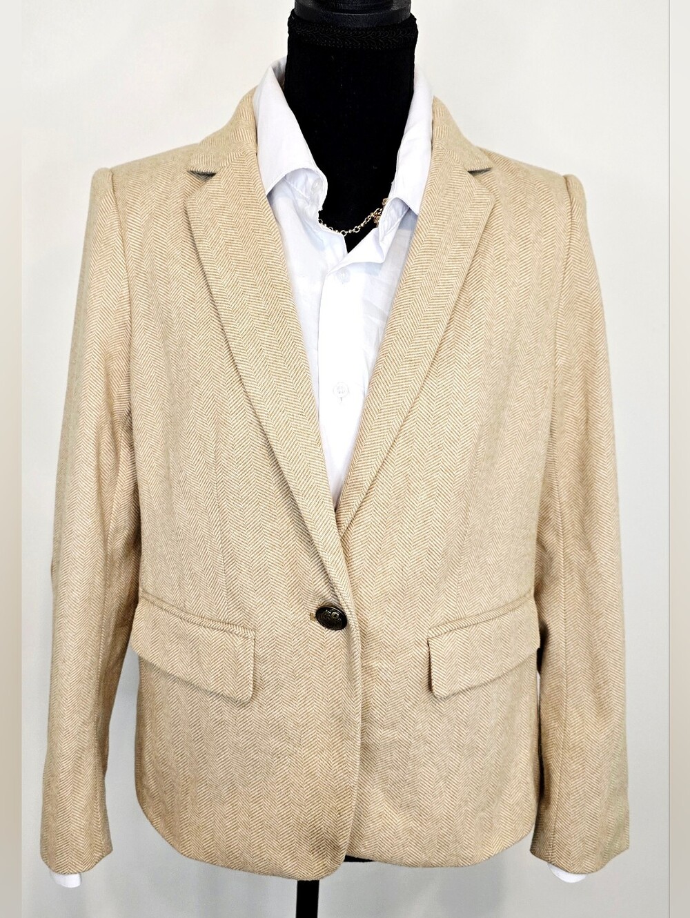 LOFT Petite Herringbone Blazer Suede Elbow Patch Academia Preppy Teacher Jacket - Picture 3 of 13
